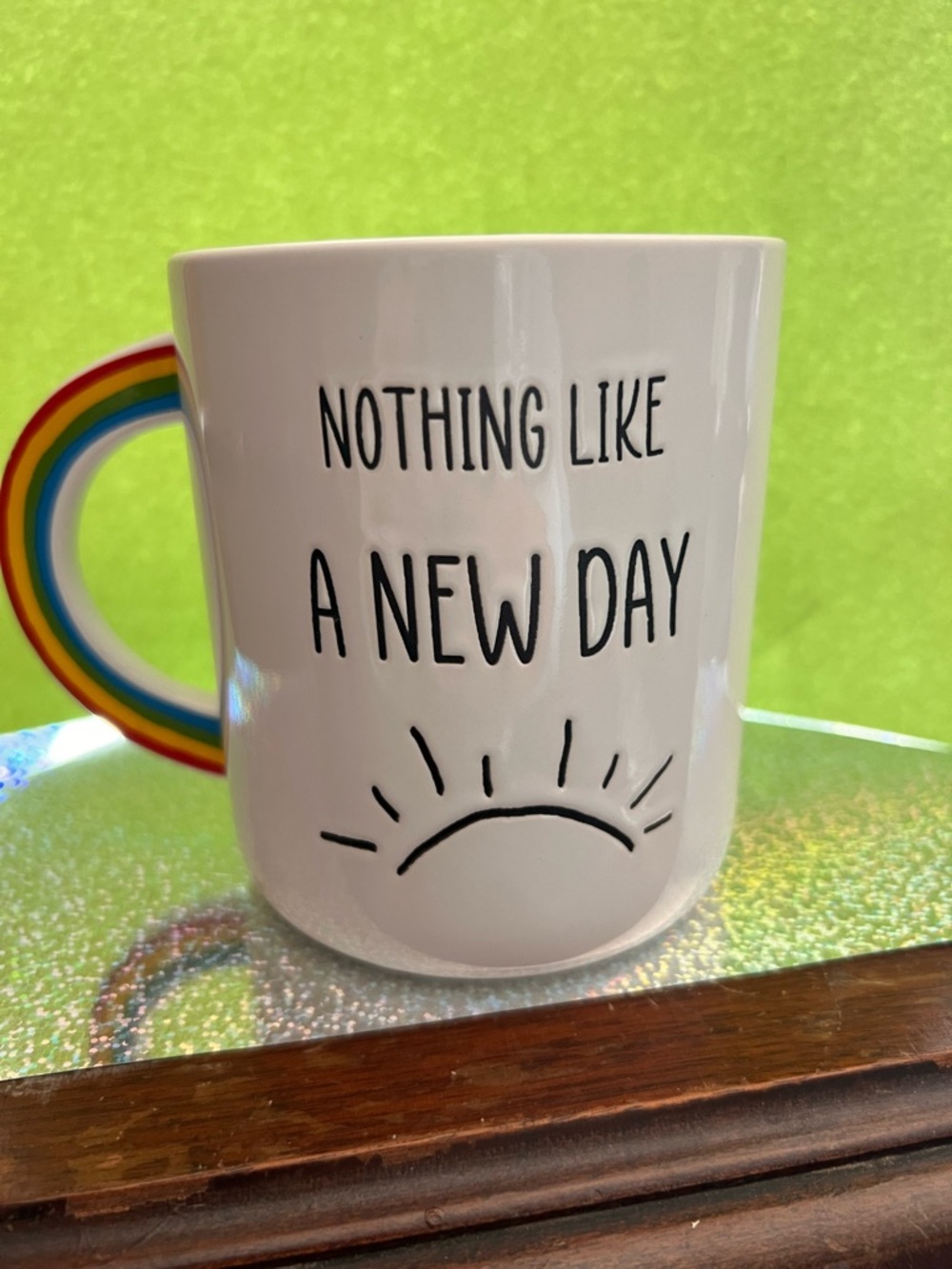 Cheery White Ceramic Mug with Rainbow Handle - Nothing Like A New Day